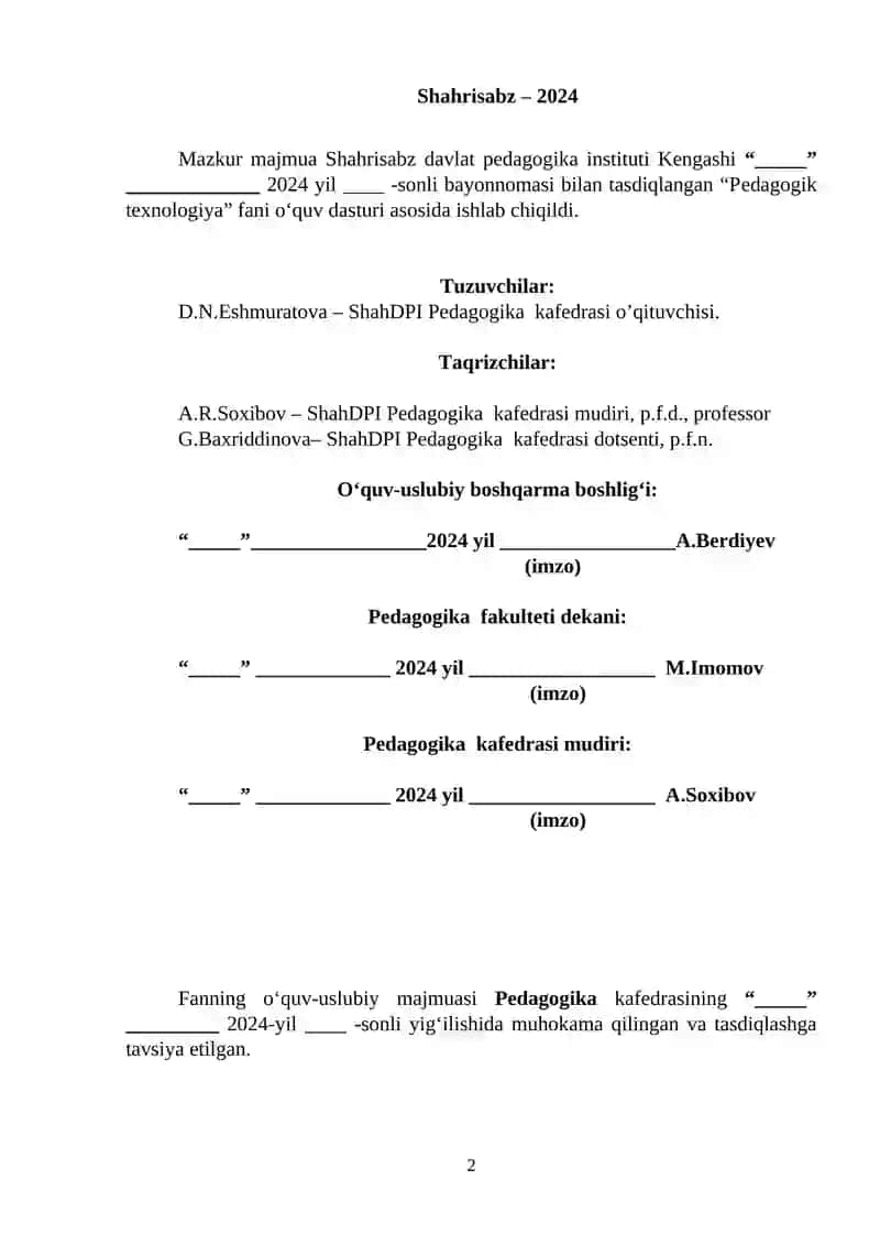 PEDAGOGIK TEXNOLOGIYALAR fanidan o‘quv-uslubiy majmua 2