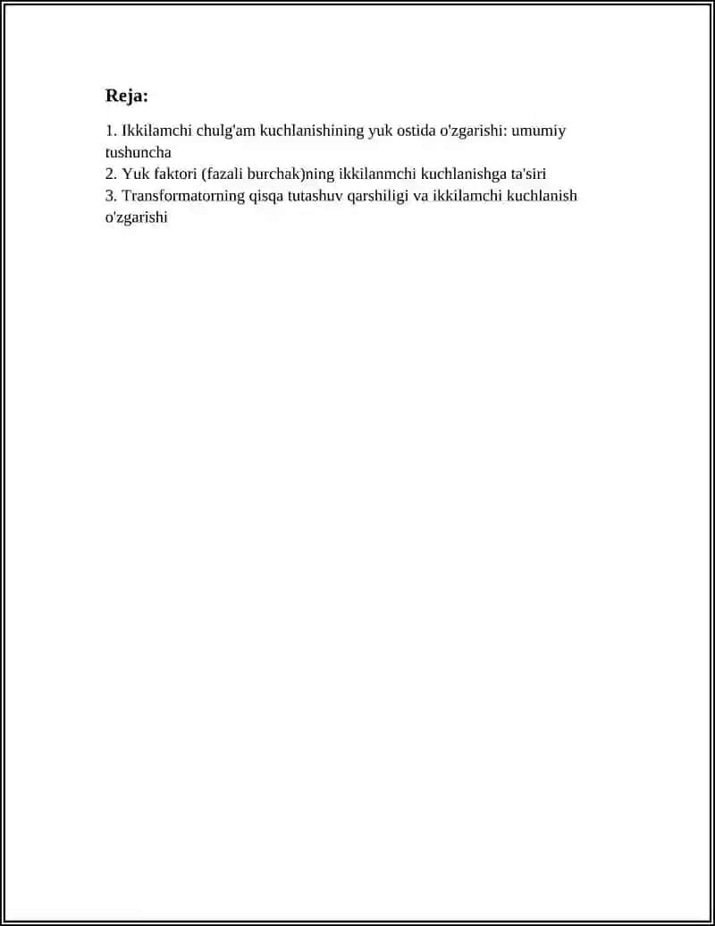 TRANSFORMATORNING YUKLAMA OSTIDA ISHLASHI DA IKKILAMCHI CHULG'AM KUCHLANISHINING O'ZGARISHI 2