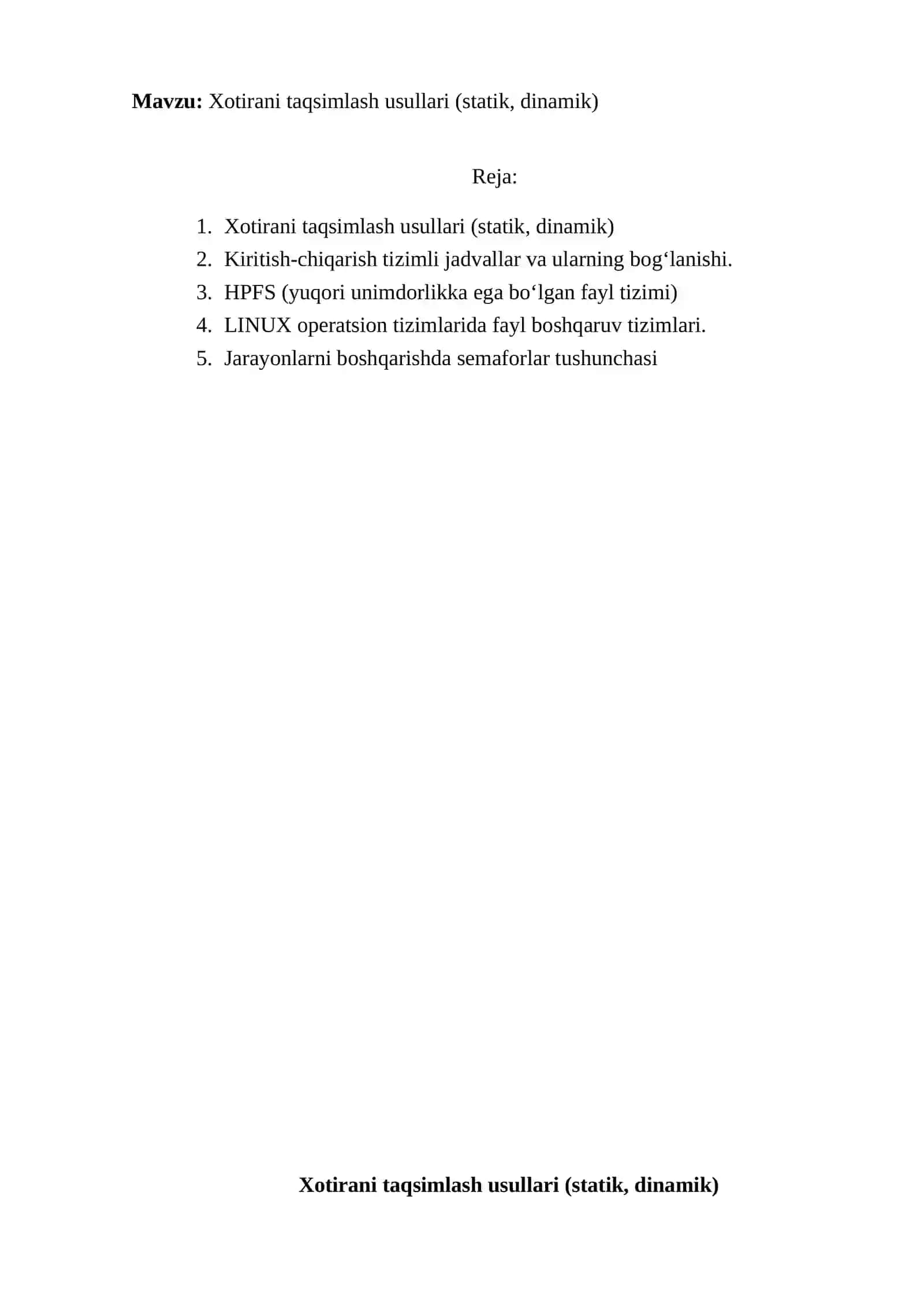 Xotirani taqsimlash usullari (statik, dinamik) 2
