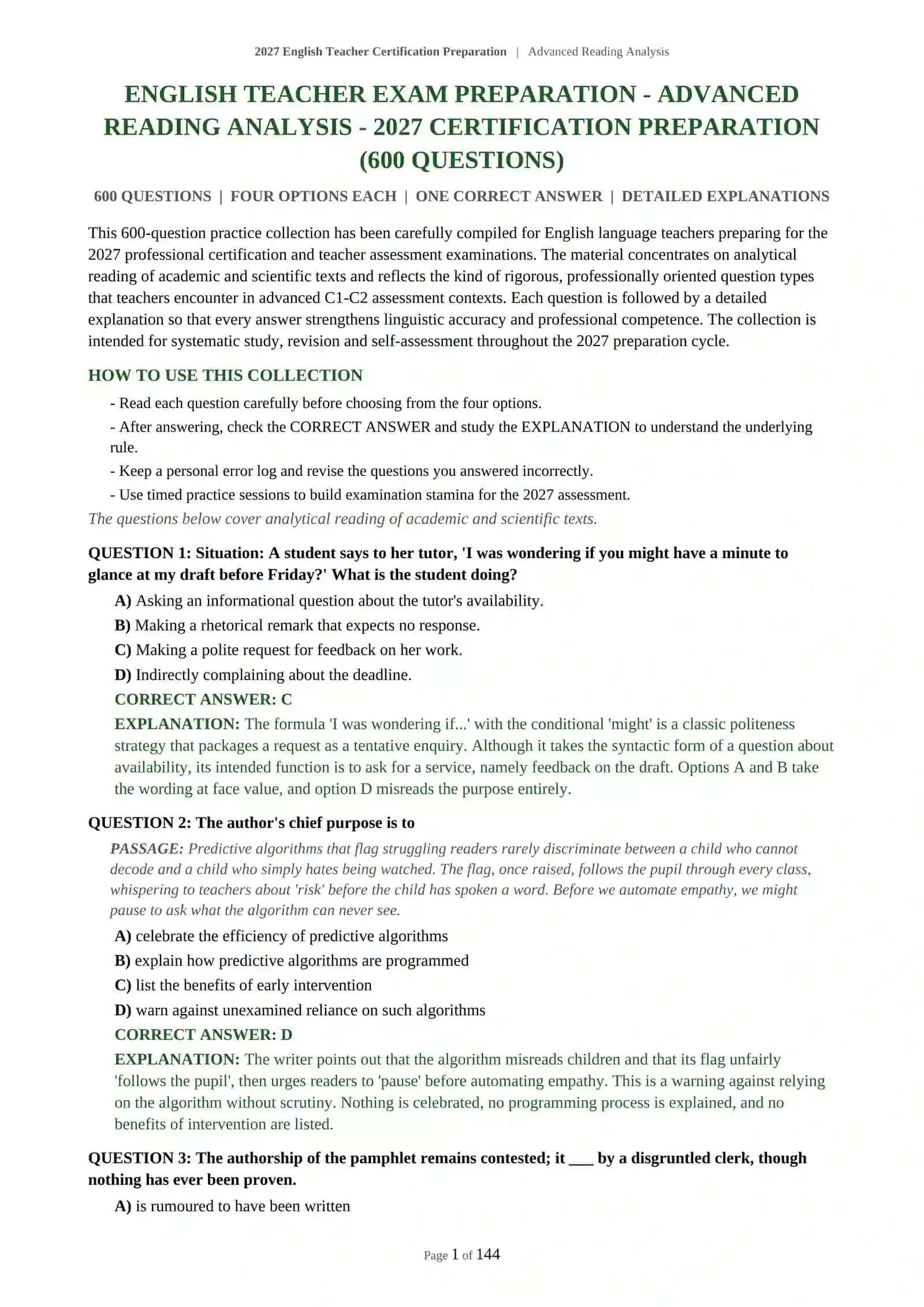 2027 English Teacher Certification Preparation | Advanced Reading Analysis 2