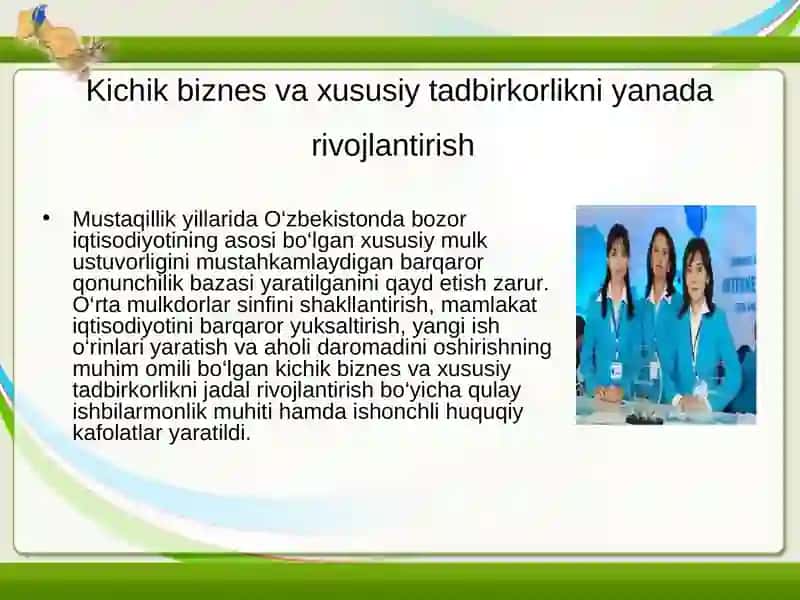 Kichik biznes va xususiy tadbirkorlik faoliyatining davlat tomonidan tartibga solinishi 2