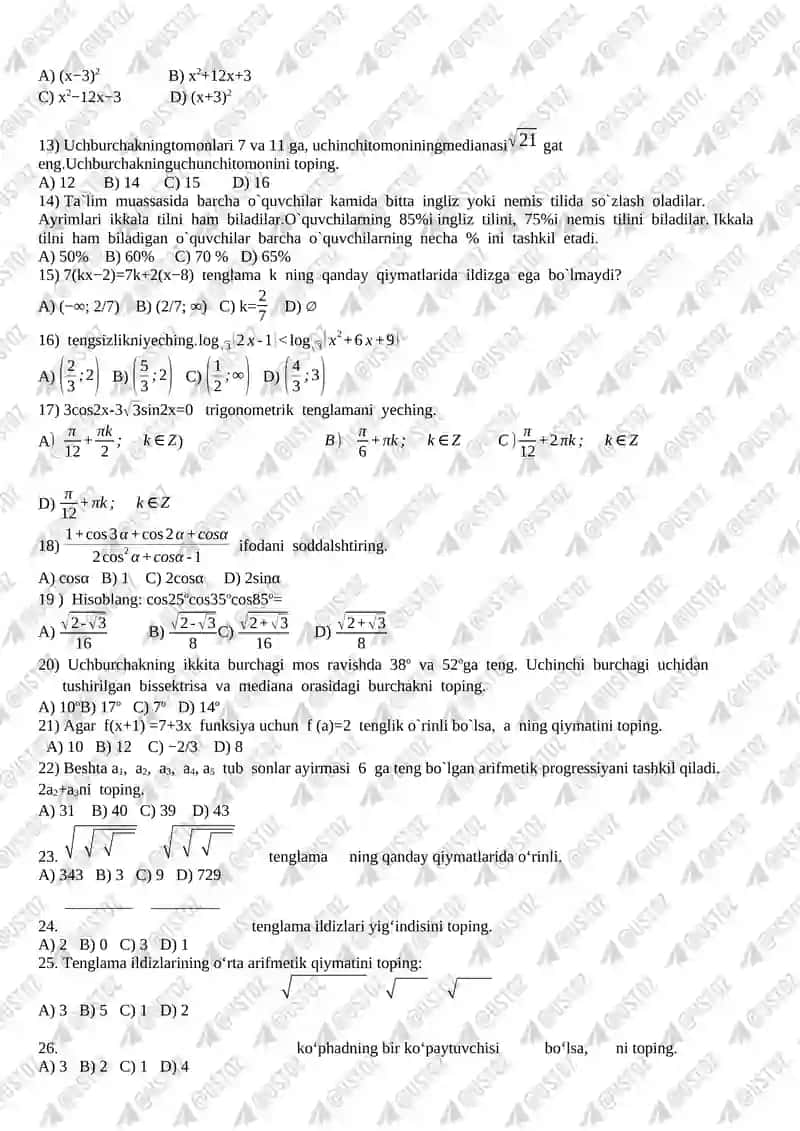 10-SINF MATEMATIKA FANIDAN MAKTAB BOSQICH OLIMPIADA SAVOLLARI 2