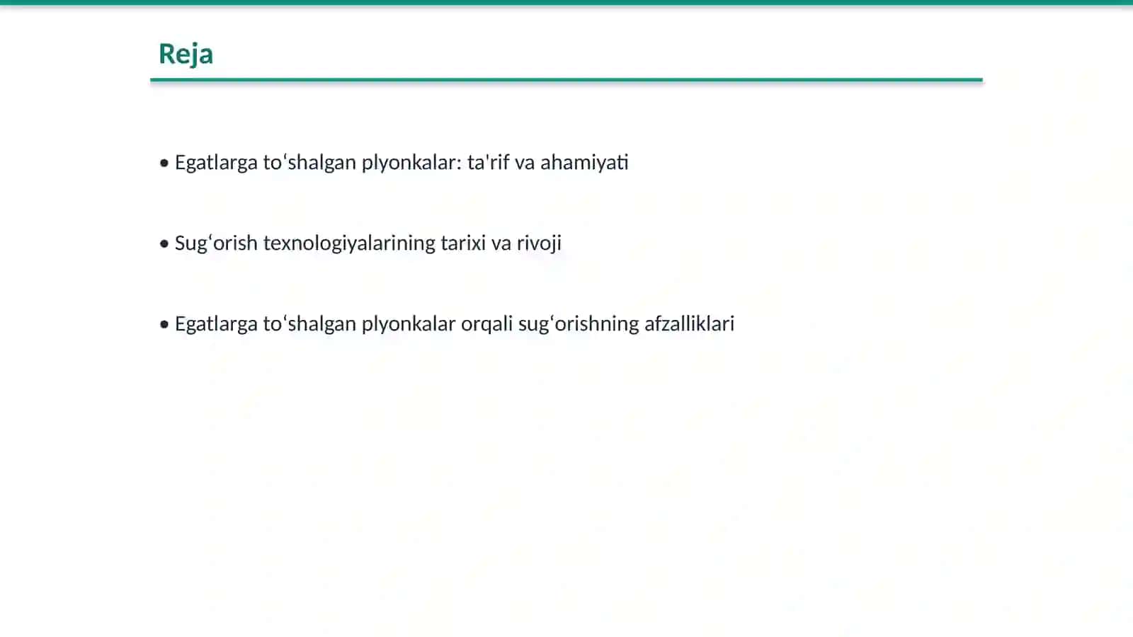 Egatlarga toʻshalgan plyonkalar orqali sugʻorish texnologiyasi 2
