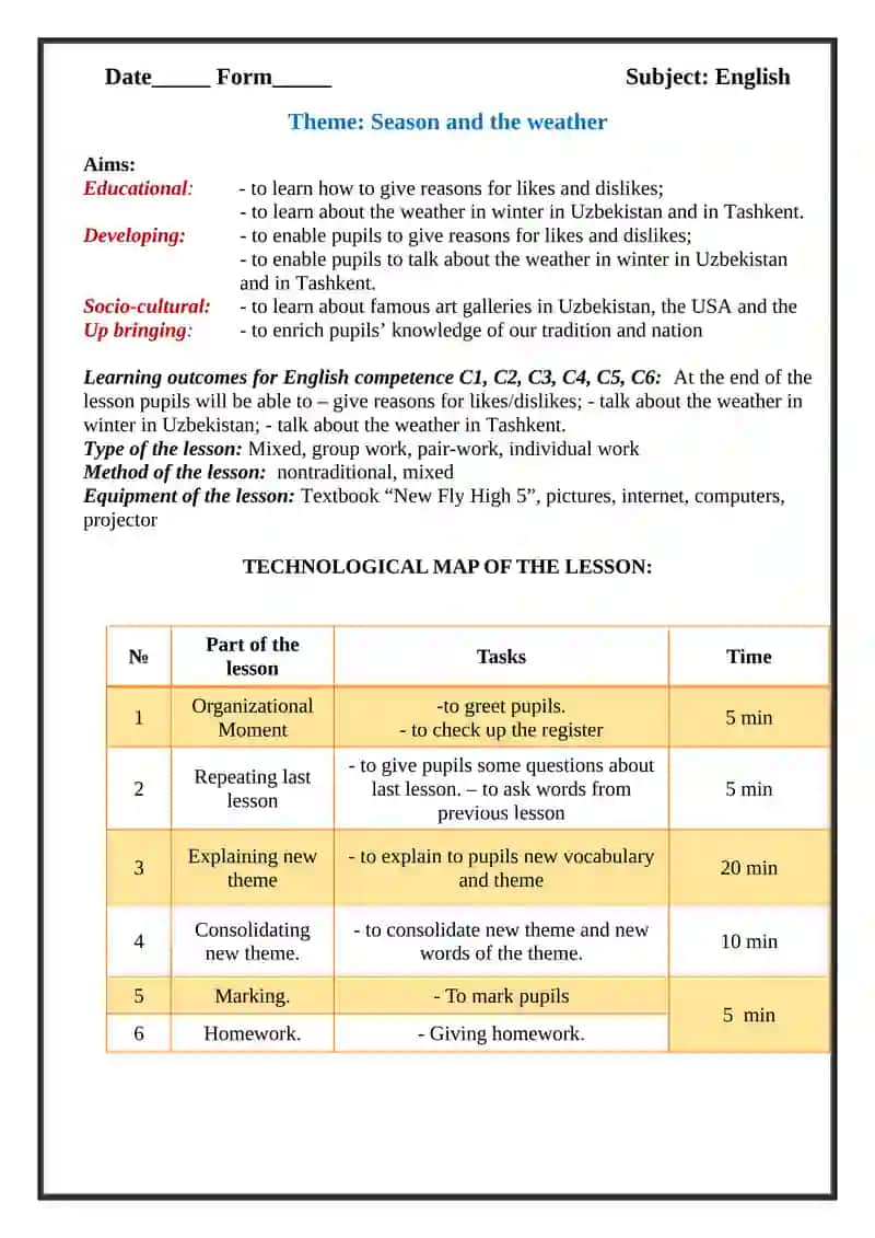 5-sinflar uchun Unit 12. Lesson 4 Season and the weather 2