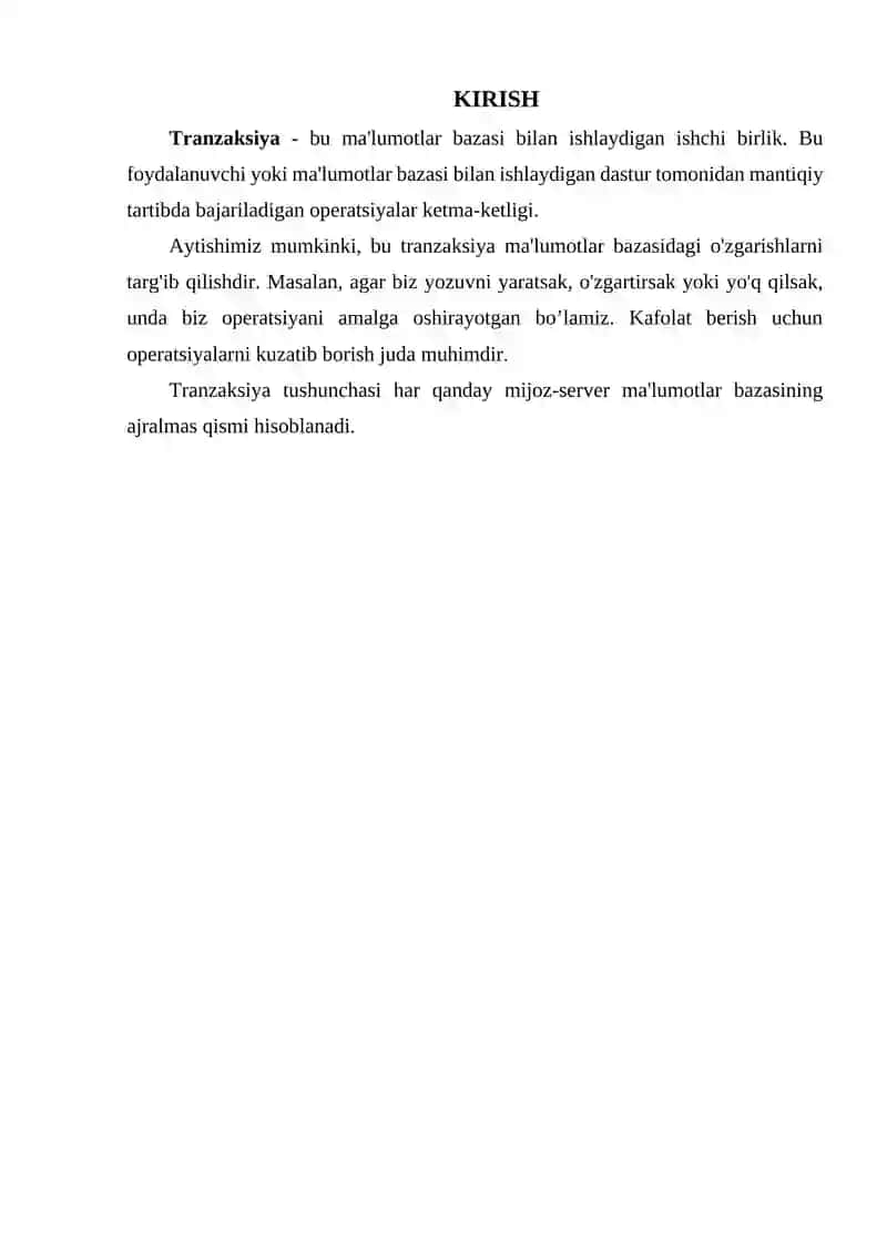 Ma'lumotlar bazasida tranzaksiya va tntfrfeyslar bilan aloqasi 2