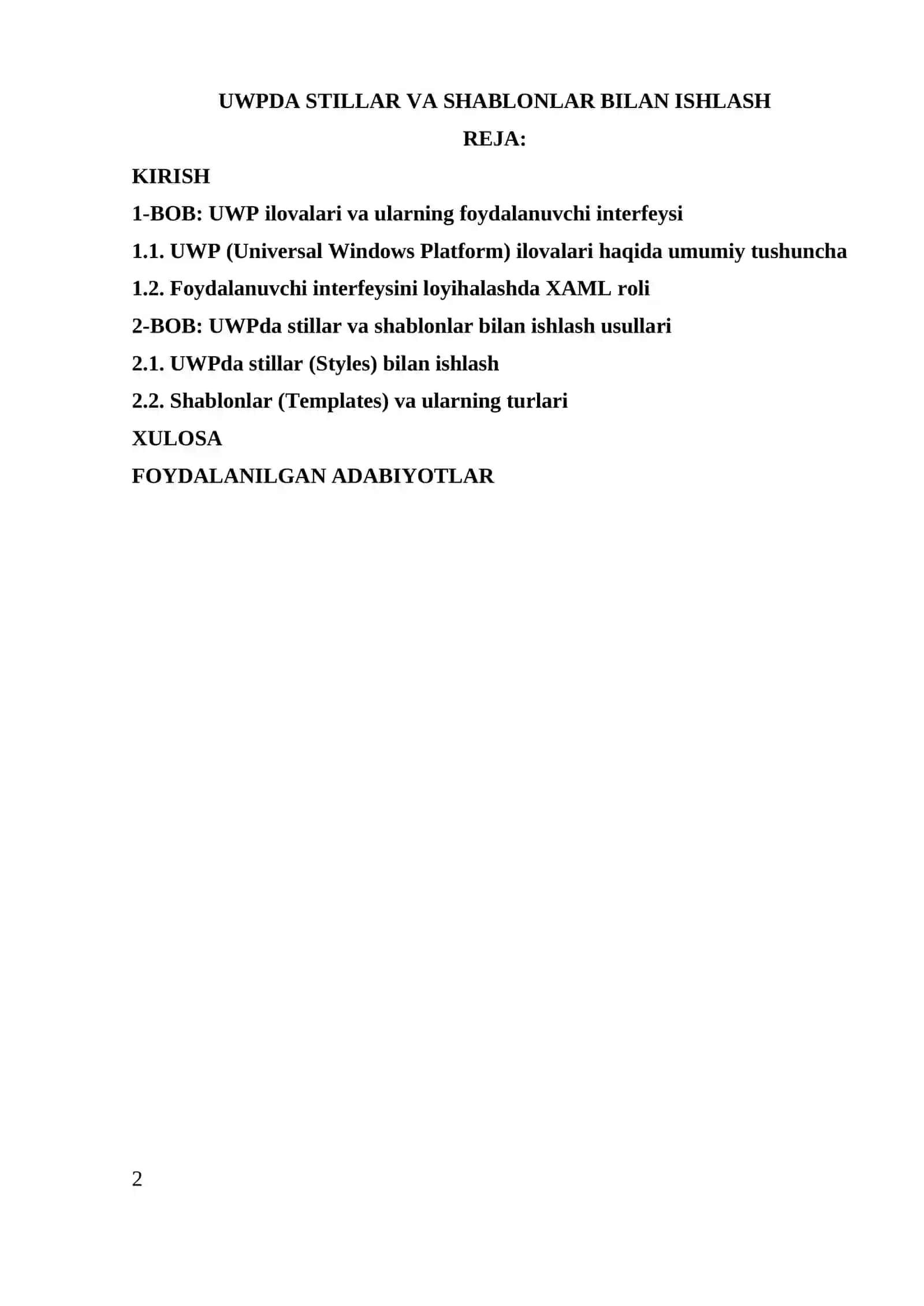 UWPDA STILLAR VA SHABLONLAR BILAN ISHLASH kurs ishi 2