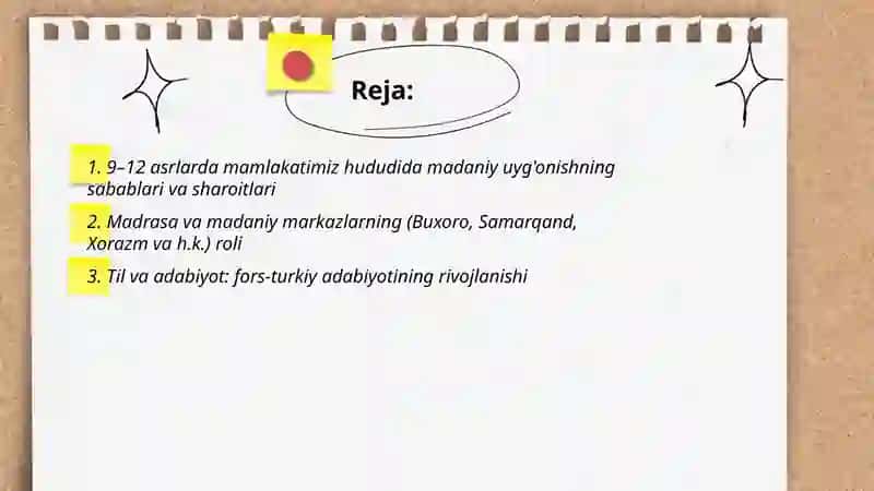 9-12 asrlarda mamlakatimiz hududida roy bergan madaniy uygonish, buyuk allomalarning jahon svilizatsiyaga qoshgan hissasi 2