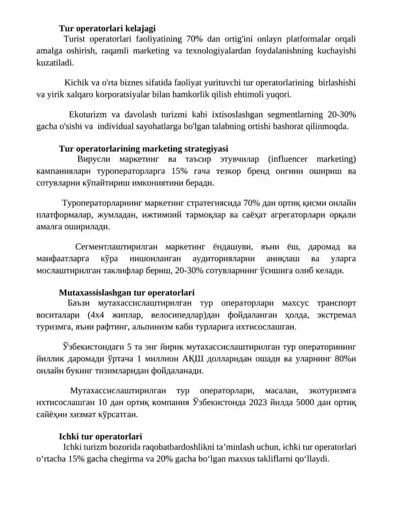 Tur operatorlari tushunchasi va ularning faoliyat turlari 2