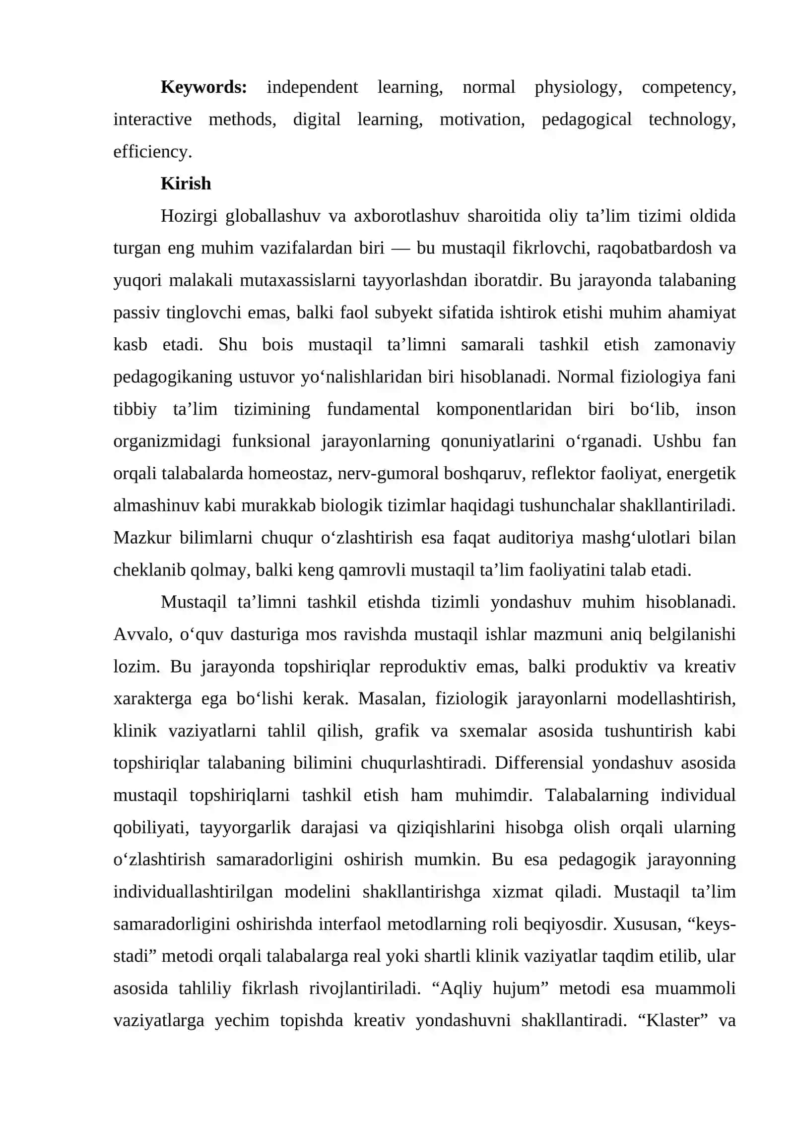 NORMAL FIZIOLOGIYA FANINI O‘QITISHDA MUSTAQIL TA’LIMNI TASHKIL ETISH VA SAMARADORLIGINI OSHIRISH YO‘LLARI 2
