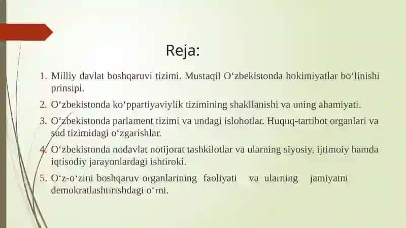 O’zbekistonda demokratik, fuqarolik jamiyati asoslarining shakllanishi, amalga oshirilgan siyosiy islohotlar 2