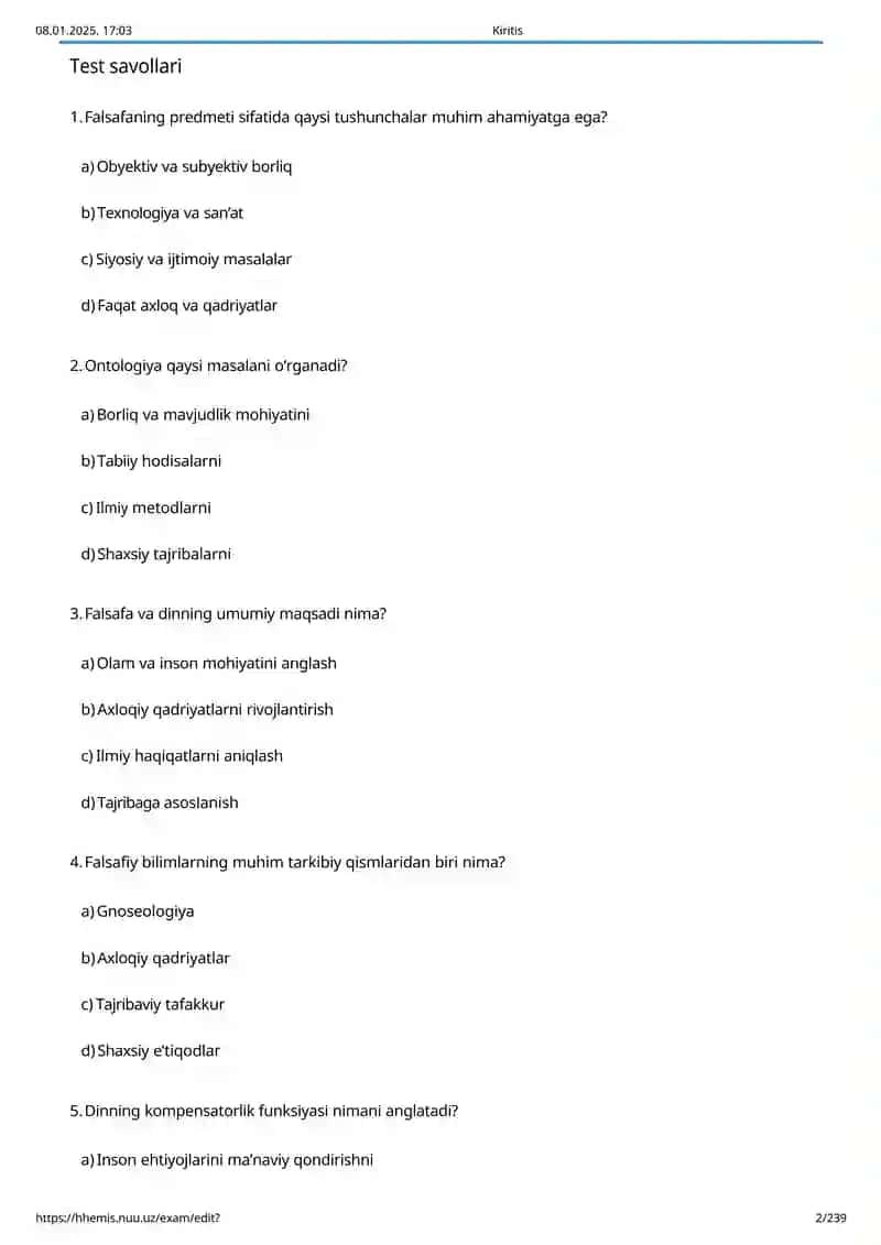 Falsafa fanidan tayyorlangan test 2