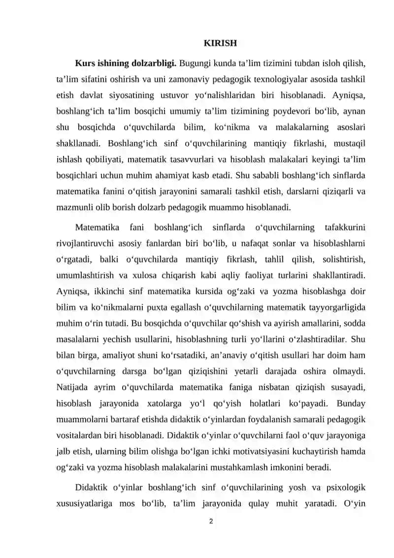 Ikkinchi sinfda matematikadan og’zaki va yozma hisoblashga doir didaktik o’yinlar tizimini ishlab chiqish metodikasi 2