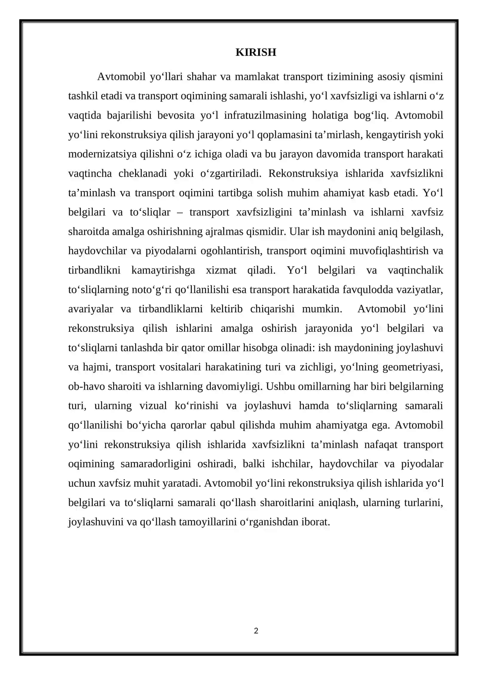 Avtomobil yo'lini rekonstruksiya qilish ishlarini amalga oshirishda yo'l belgilari to'siqlari va ularni qo'llash sharoitlari 2