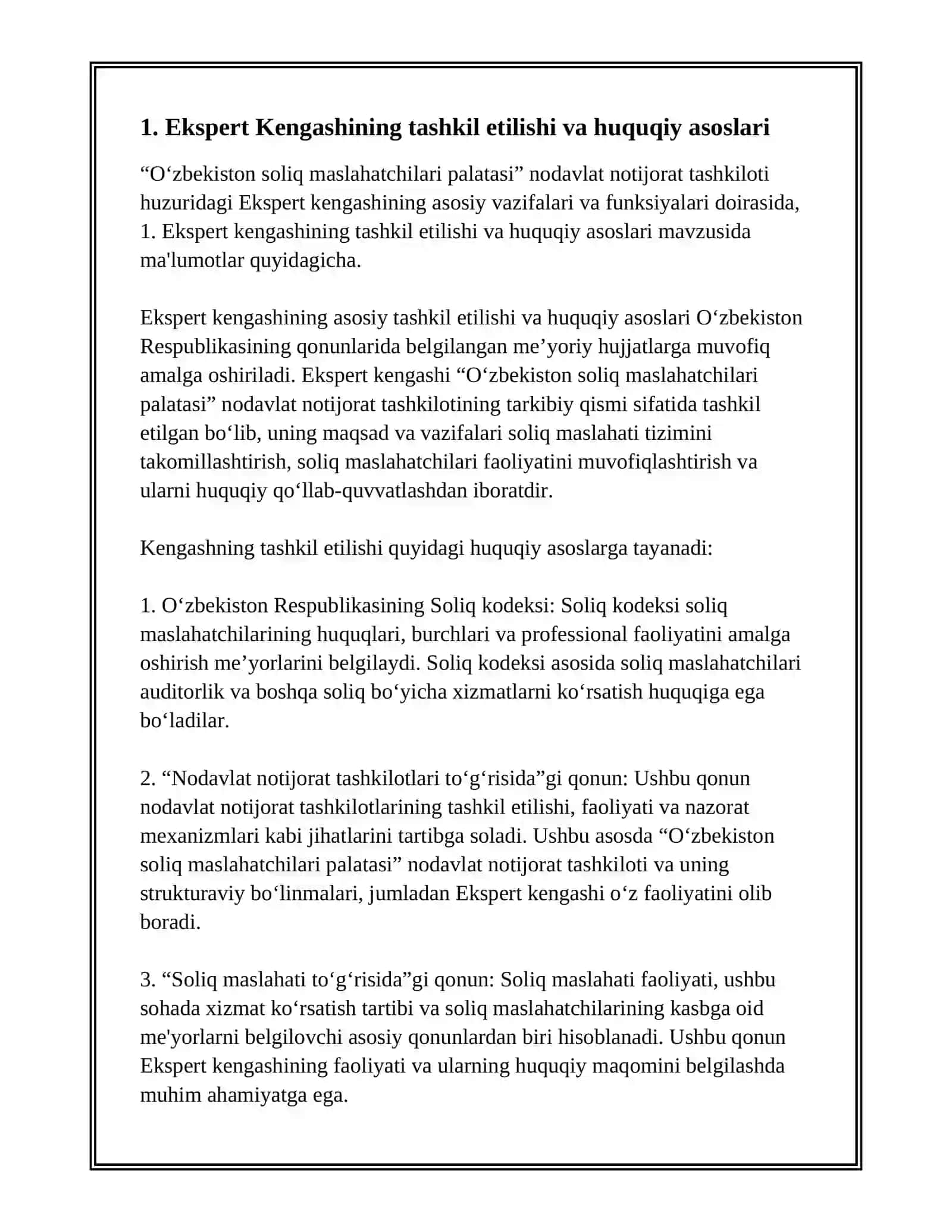 O‘ZBEKISTON SOLIQ MASLAHATCHILARI PALATASI NNT HUZURIDAGI EKSPERT KENGASHINING ASOSIY VAZIFALARI VA FUNKTSIYALARI 2