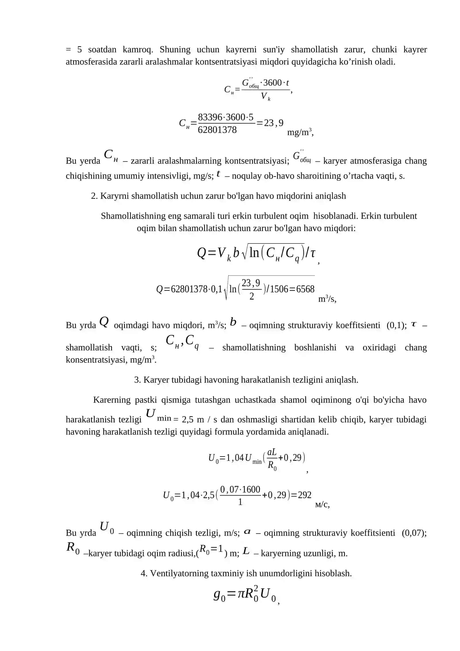 Karyer atmosferasida zararli moddalarning to'planish vaqtini aniqlash 2