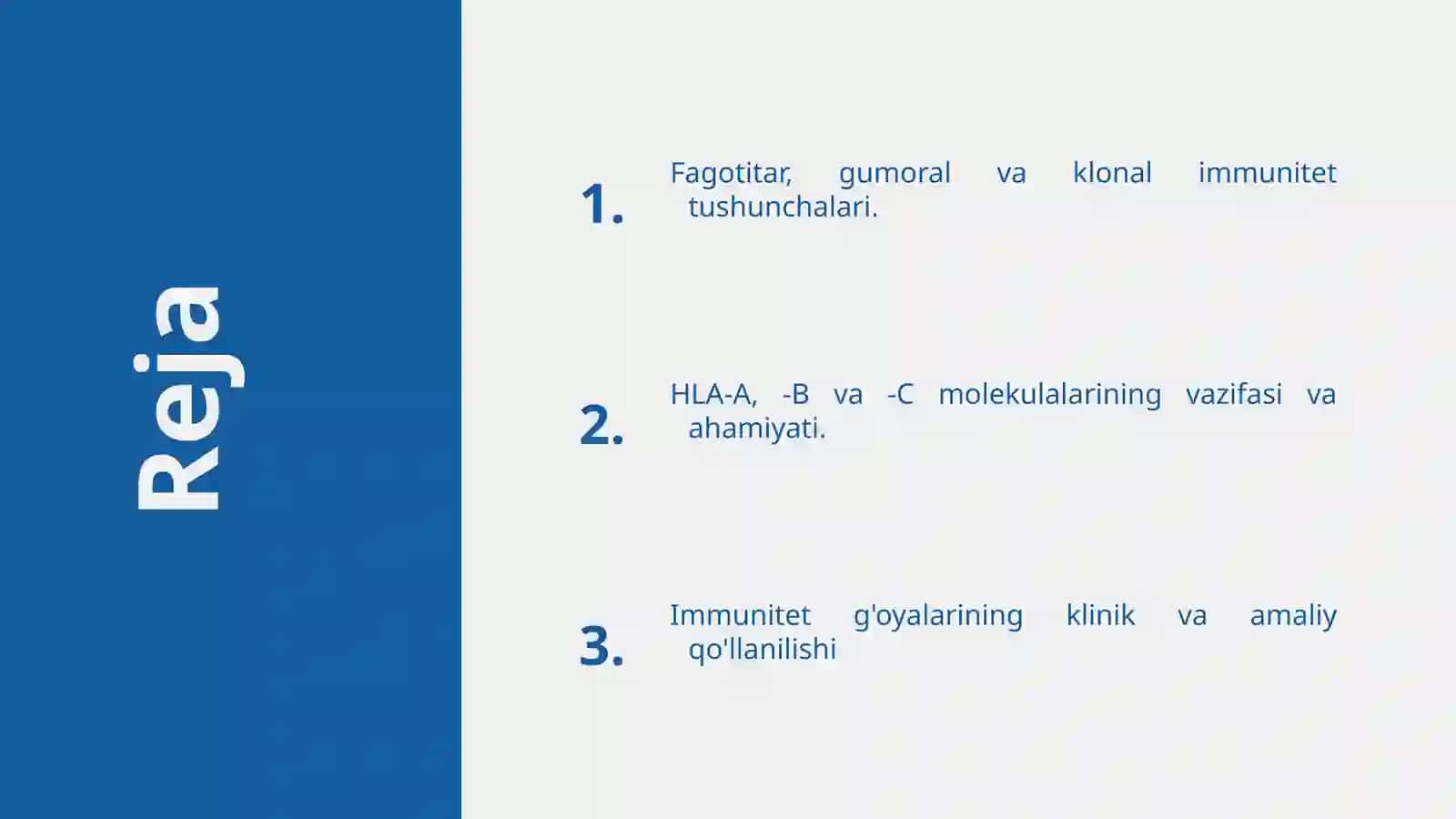 Immunitet g'oyalari: fagotsitar,gumoral, klonal - seliksion va bosh. Asosiy gistomoslashuv kompleksining birinchi sinfi- HLA-A, -B va -C tip molekulalari, vazifasi 2