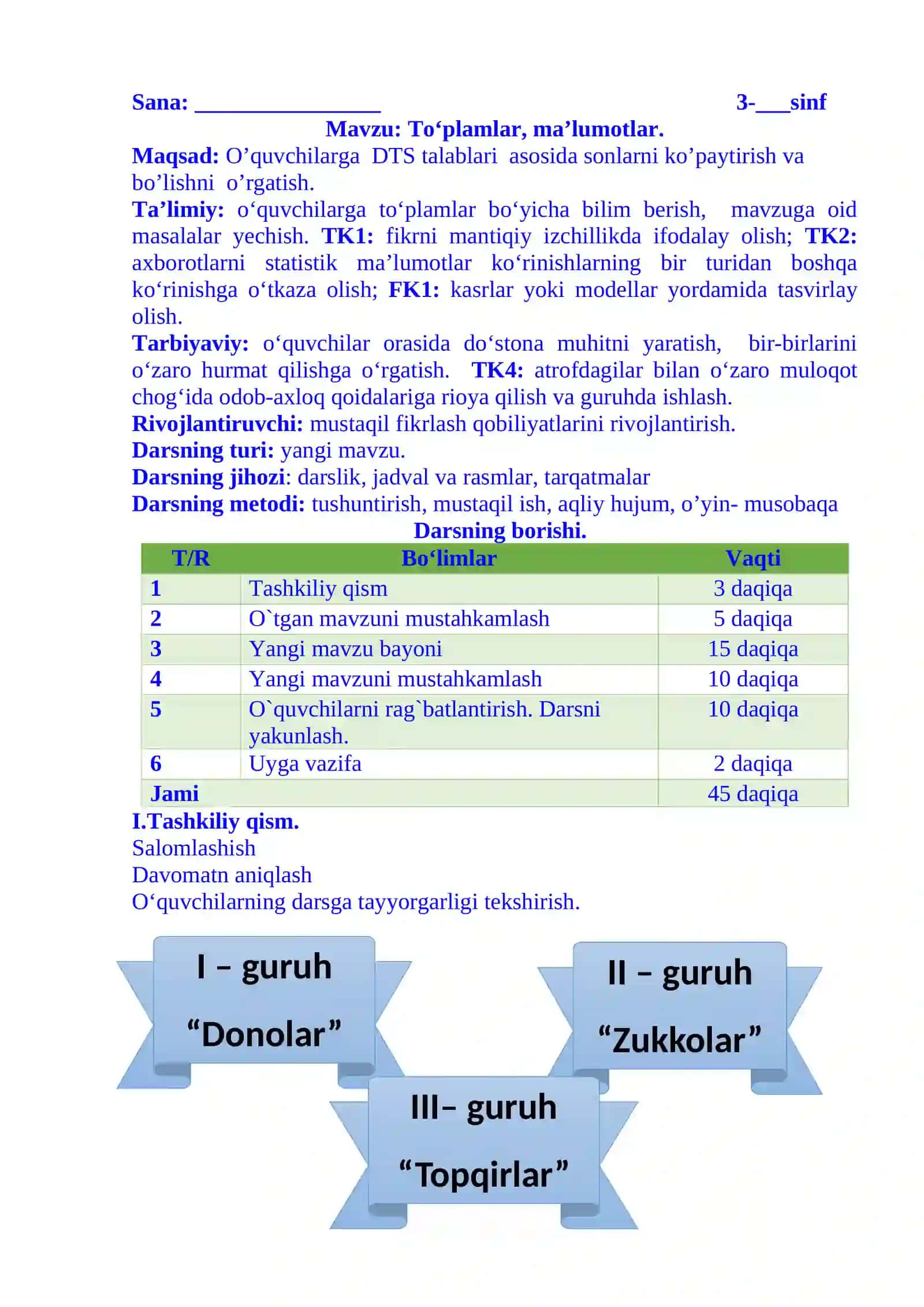 4-sinf Matematika fanidan To'plamlar, ma'lumotlar 1-chorak dars ishlanmasi 2