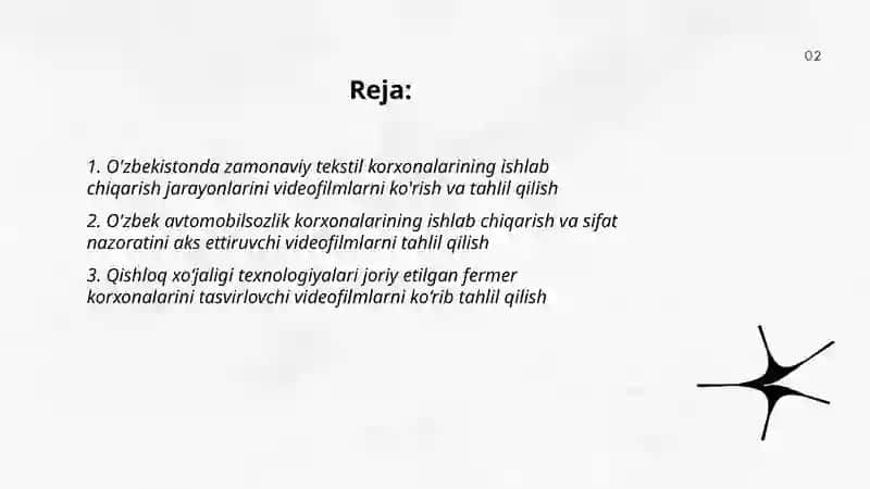 O'zbekistonda mavjud bo'lgan zamonaviy korxonalar bo'yicha videofilmlarni ko'rish va tahlil qilish 2