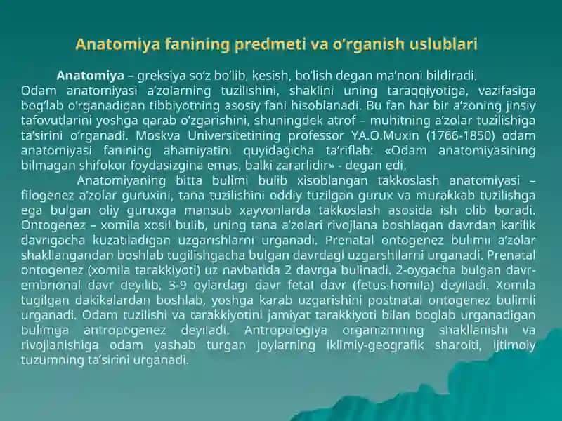 Anatomiya Fanining Predmeti va O'rganish Uslublari 2