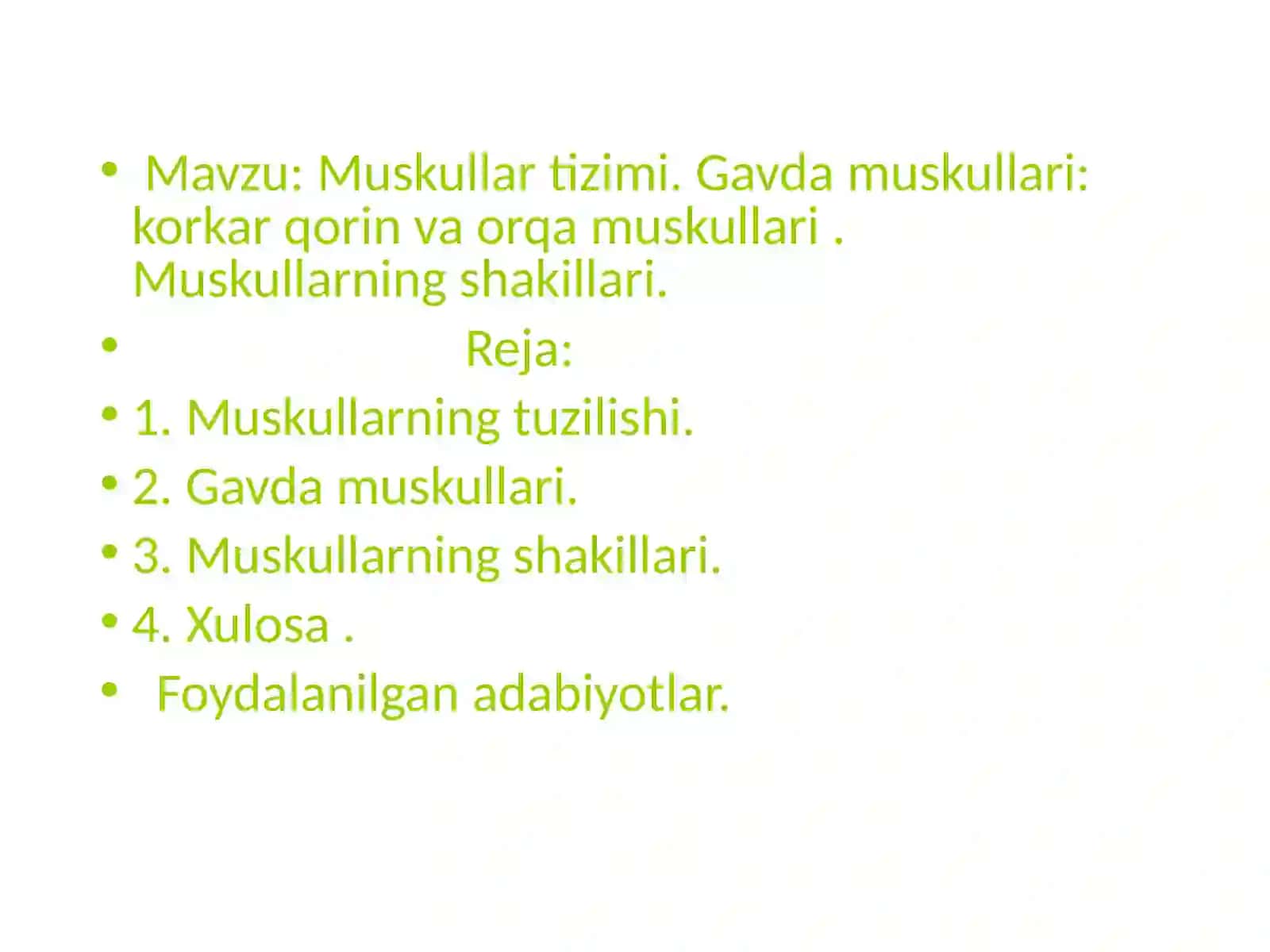 Muskullar tizimi.Gavda muskullari:korkarqorin va orqamuskullari.Muskullarning shakillari 2