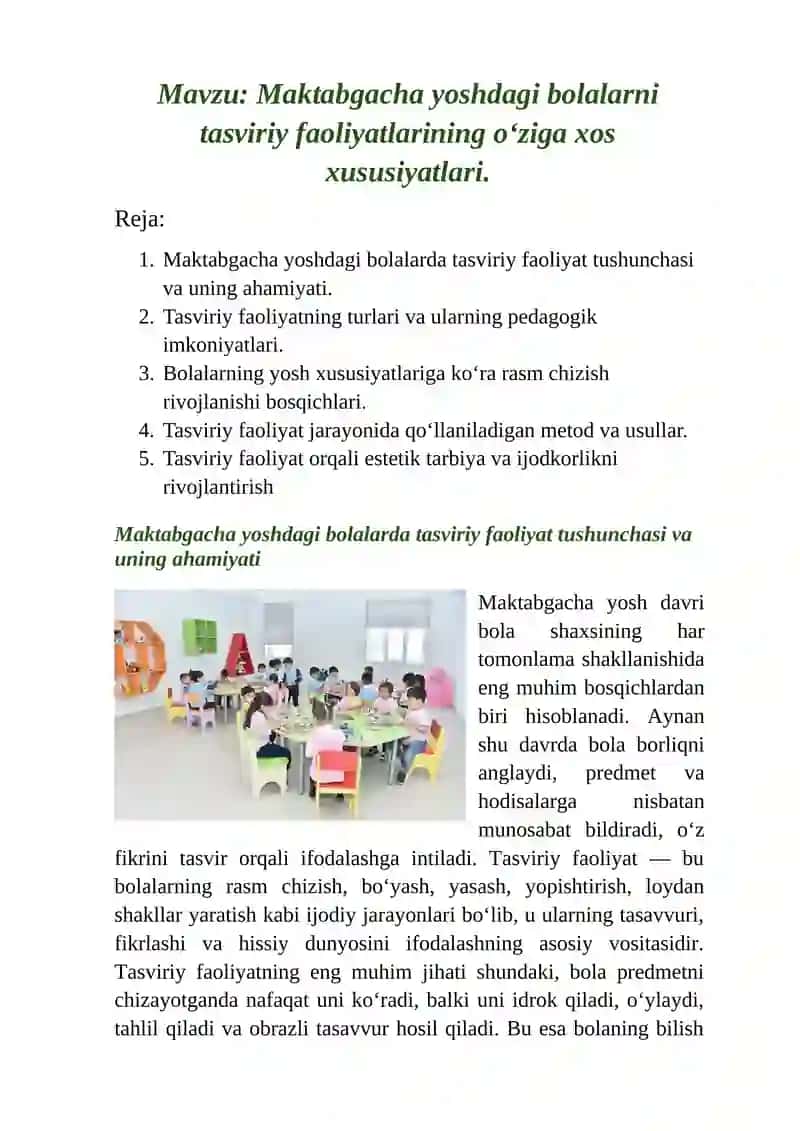 Maktabgacha yoshdagi bolalarni tasviriy faoliyatlarining o‘ziga xos xususiyatlari Referati 2