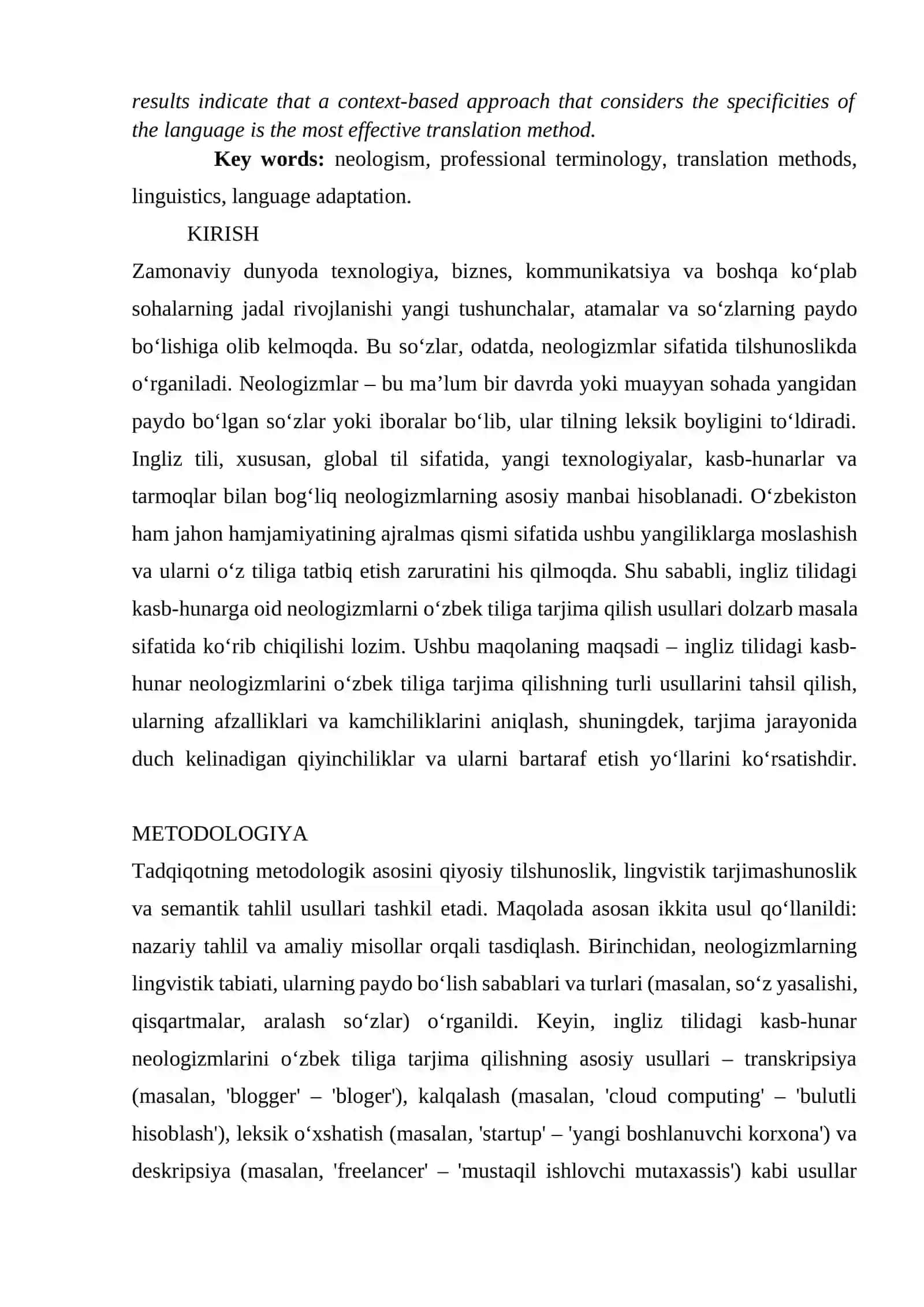 INGLIZ TILIDAGI KASB-HUNARGA OID NEOLOGIZMLARNI O'ZBEK TILIGA TARJIMA QILISH USULLARI 2