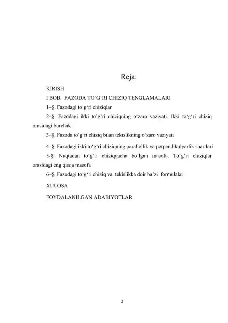 Fazoda toʻgʻri chiziqning turli tenglamalari kurs ishi 2