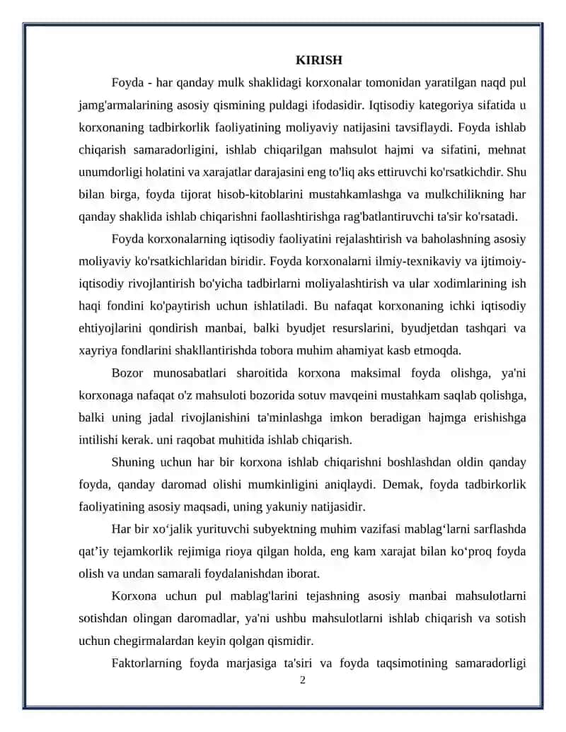 KORXONA FOYDASINI SHAKLLANTIRISH VA UNDAN SAMARALI FOYDALANISH YO’LLARI 2