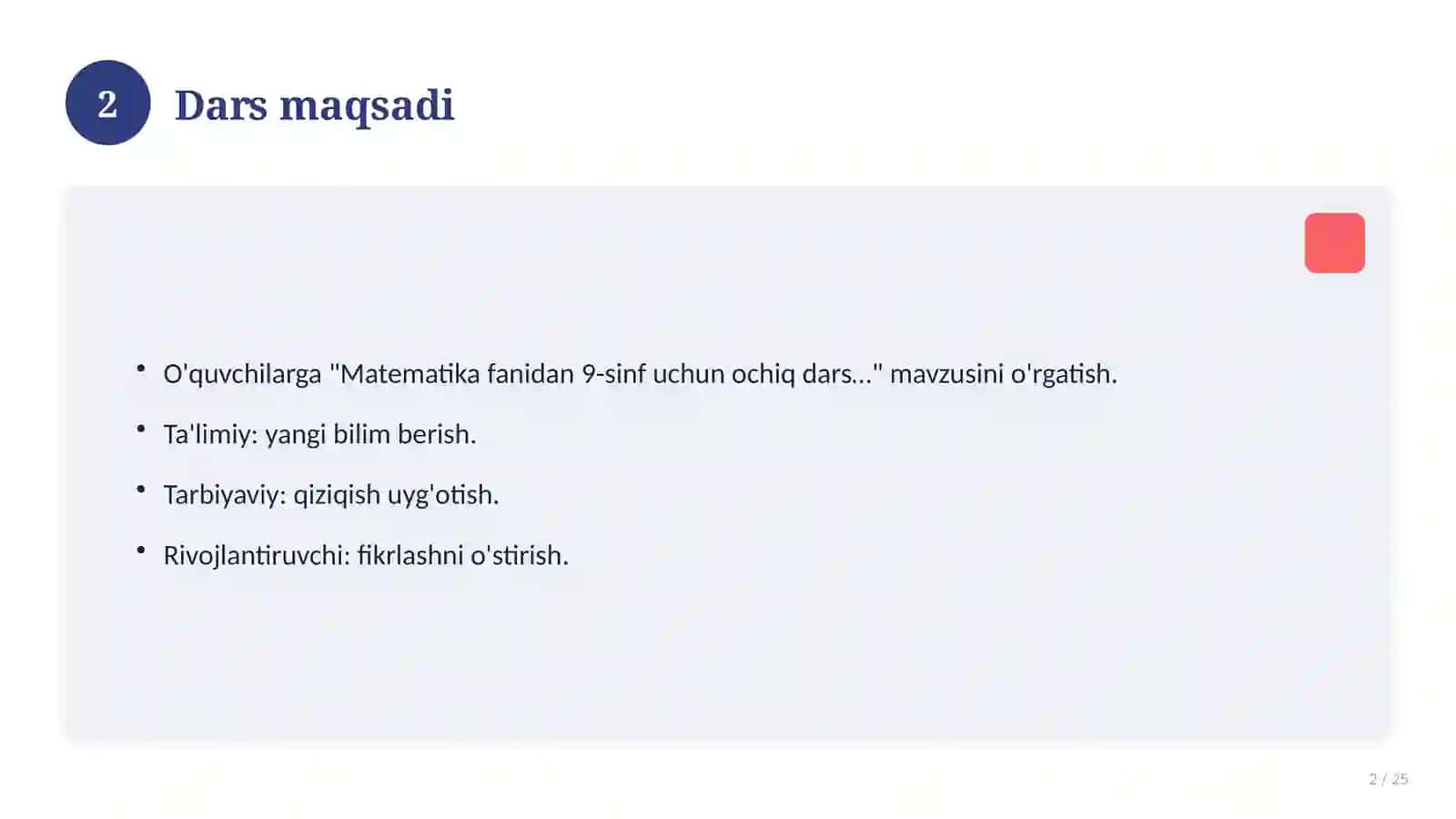 Matematika fanidan 9-sinf uchun ochiq dars ishlanmasi 2