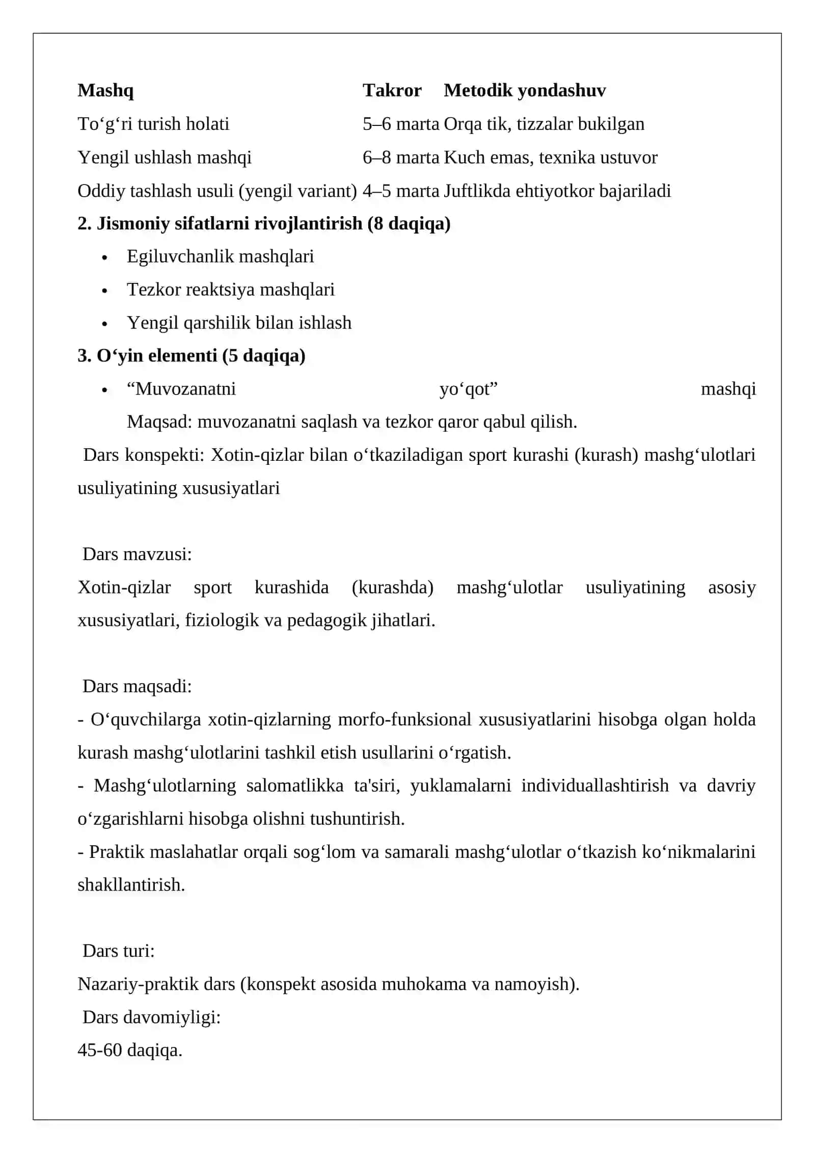 Xotin-qizlar bilan o‘tkaziladigan sport kurashi mashg‘ulotlari usuliyatining xususiyatlari 2