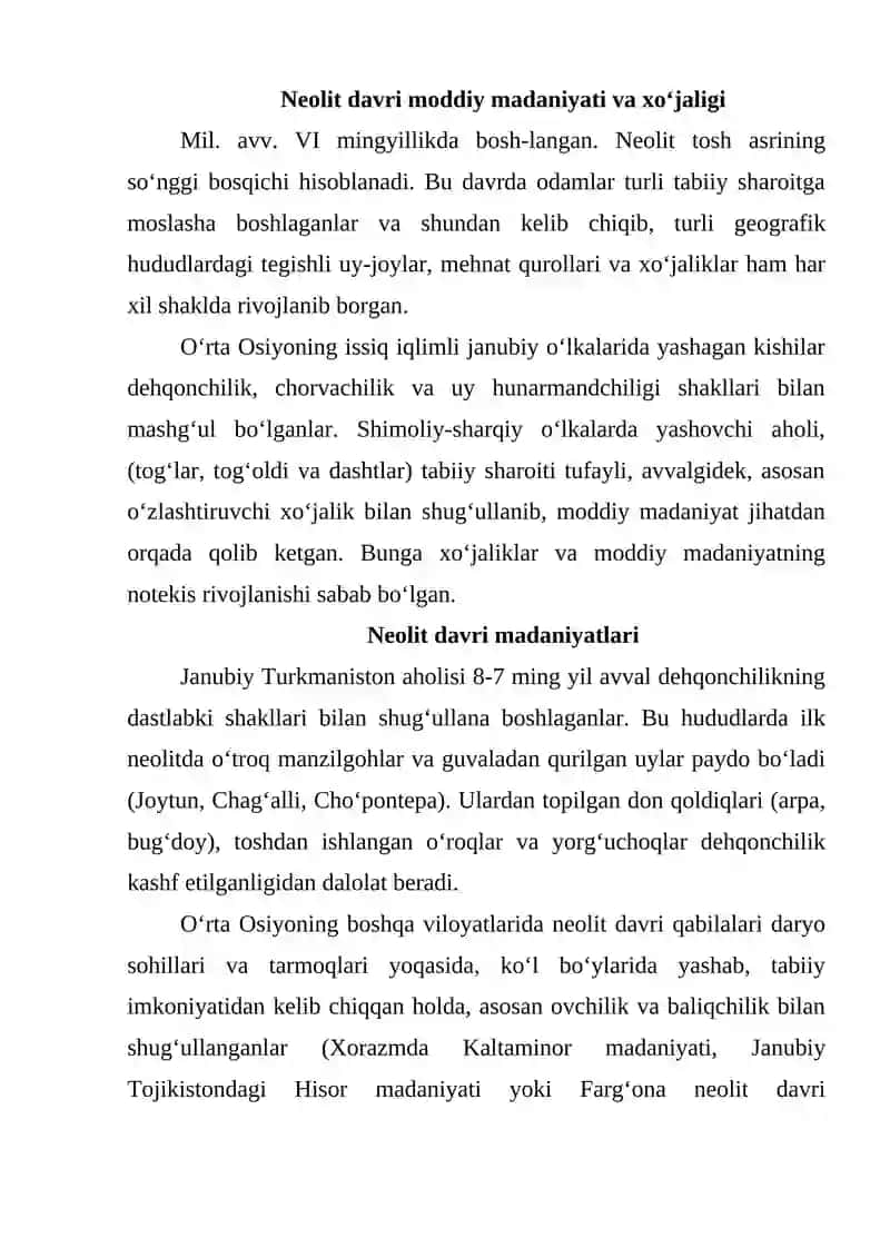 Neolit davri xo’jaligi va moddiy madaniyati 2