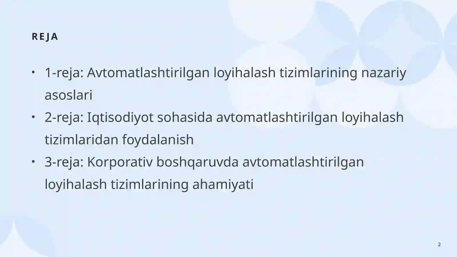 Automatlashtirilgan loyihalash tizimlari 2