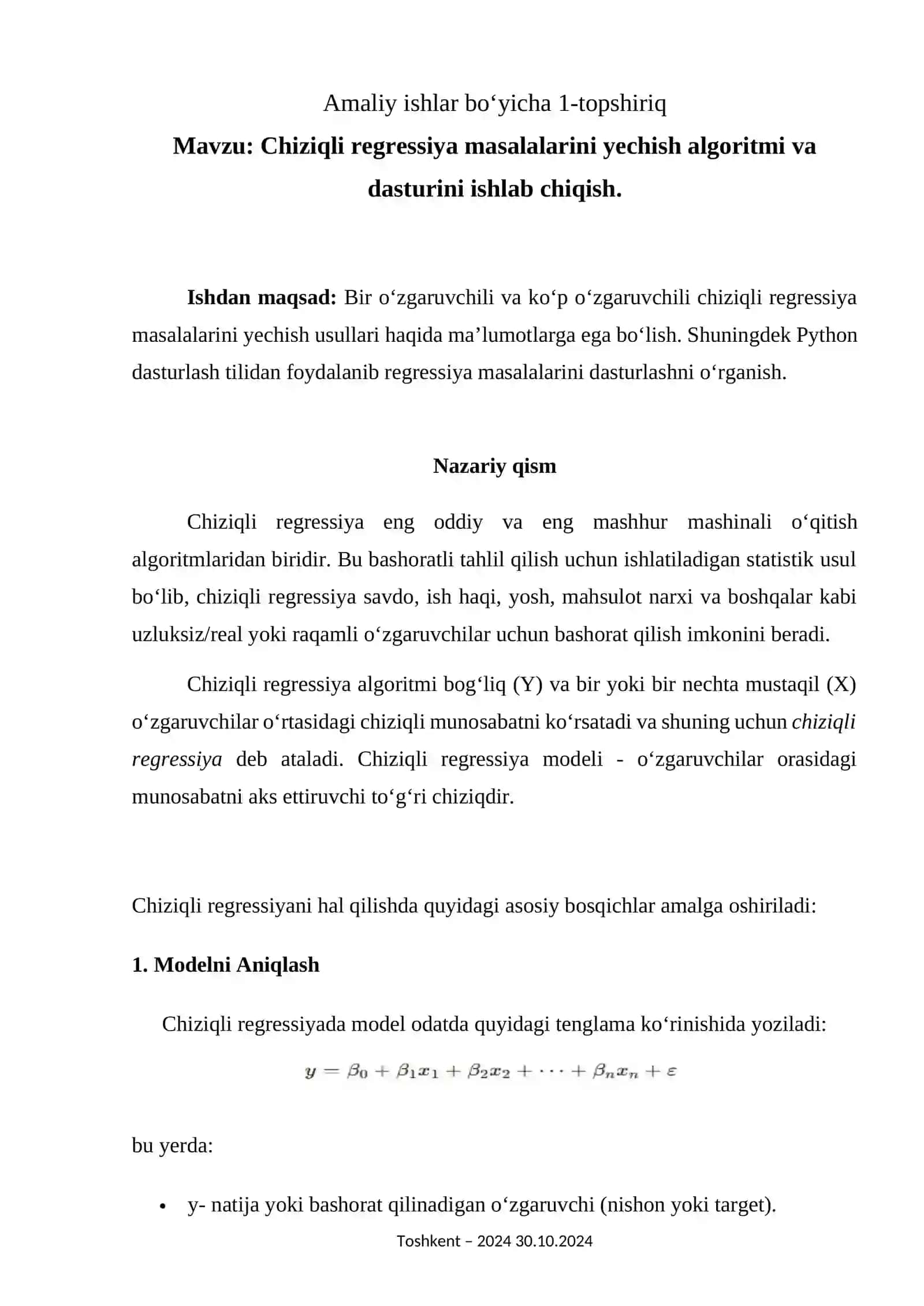 Chiziqli regressiya masalalarini yechish algoritmi va dasturini ishlab chiqish 2