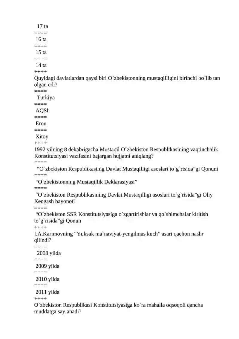 O`zbekistonning “Mustaqillik Deklarasiyasi” nechta moddadan iborat? 2