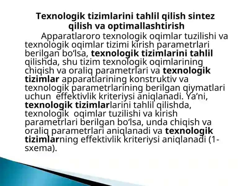 Texnologik tizimlarini tahlil qilish, sintez qilish va optimallashtirish 2
