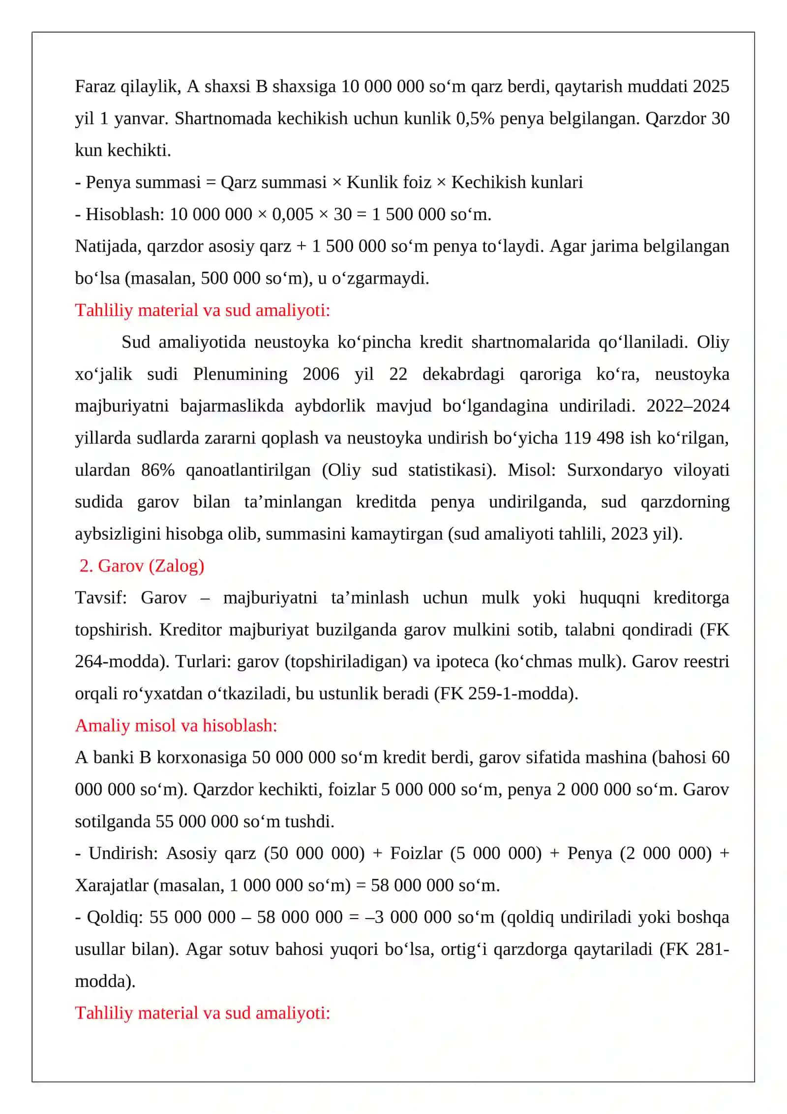Qarz majburiyatlarining bajarilishini ta’minlash usullari 2