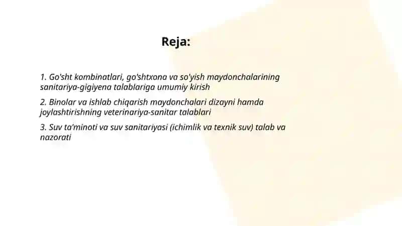 Go'sht kombinatlari, go'shtxona va so'yish maydonchasining veterinariya sanitariyasi 2