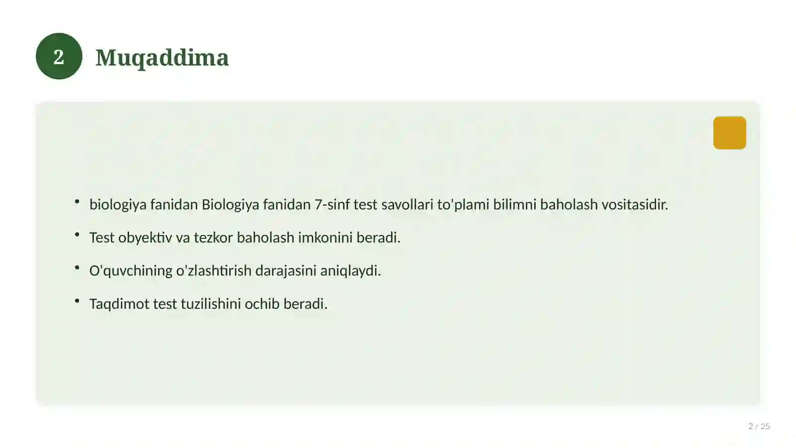 Biologiya fanidan 7-sinf test savollari to'plami 2