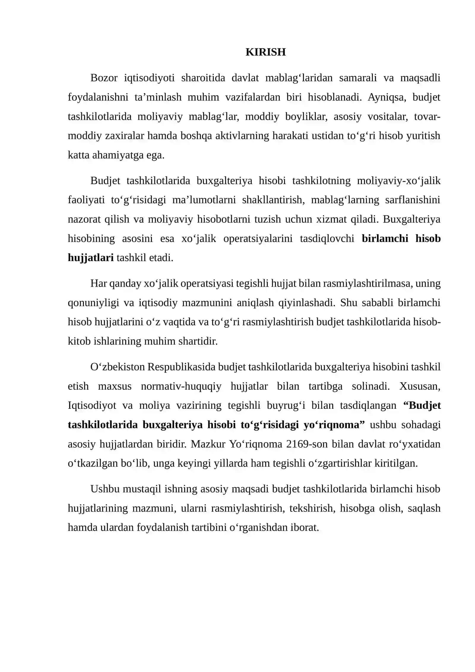 BUDJET TASHKILOTLARIDA BIRLAMCHI HISOB HUJJATLARINI RASMIYLASHTIRISH VA YURITISH TARTIBI 2