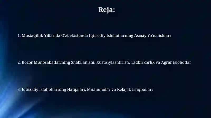 O'zbekistonda iqtisodiy islohotlarning amalga oshirilishi va bozor munosabatlarining shakllanishi 2