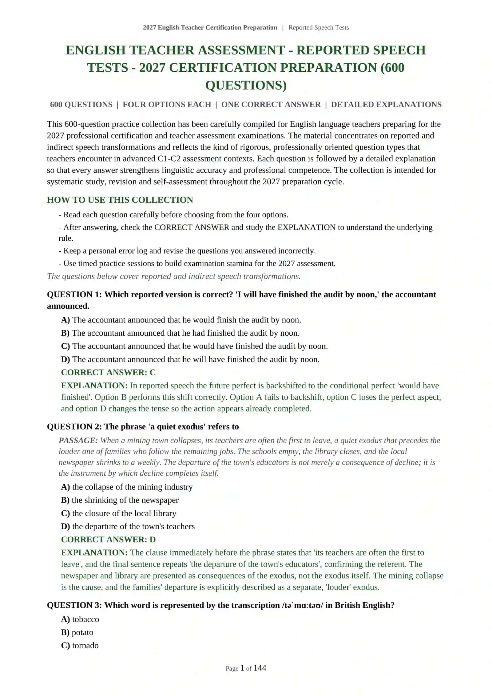 English Teacher Certification Preparation | Reported Speech Tests 2