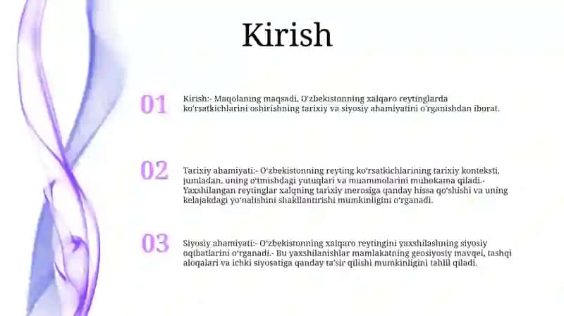 OʻZbekiston Xalqaro Reytingdagi KoʻRsatgichlarini Kutarishning Tarixiy Va Siyosiy Ahamiyati 2
