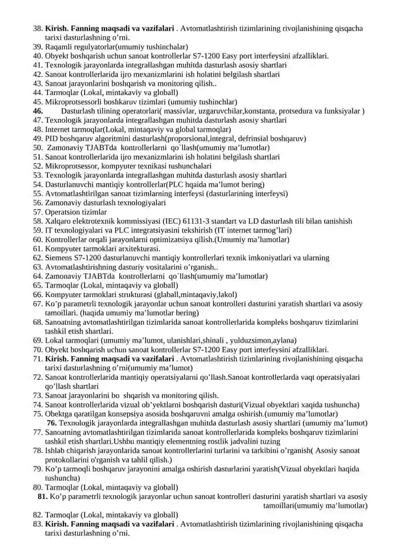 “Sanoat kontrollerlari va ularni dasturlash” fanidan yakuniy nazorat savollari 2