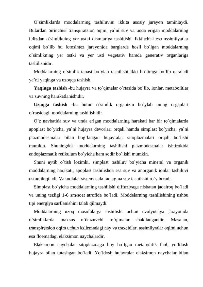 O`simliklarda moddalarning uzoqqa tashiluvi 2