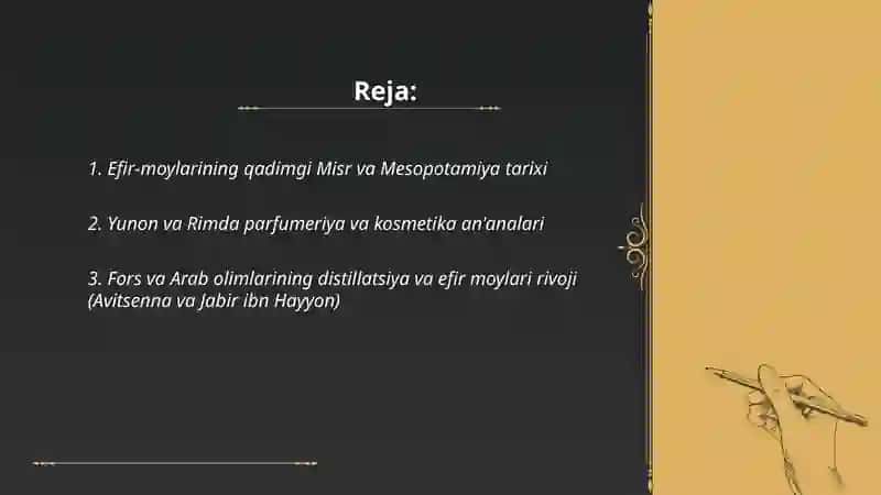 Efir-moylari va parfumeriya-kosmetika mahsulotlarining tarixi 2