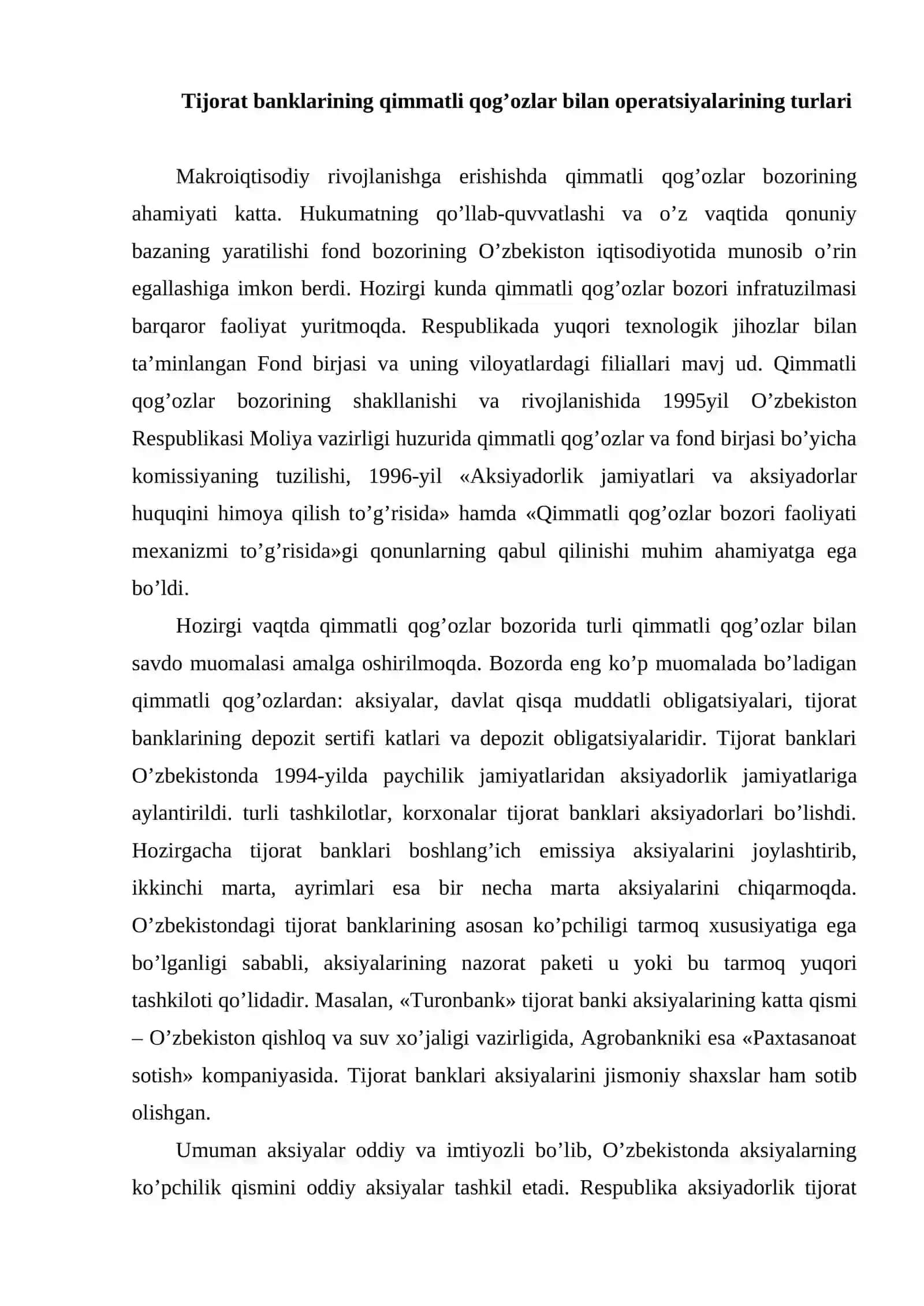 Tijorat banklarining qimmatli qog’ozlar operatsiyalari tahlili 2