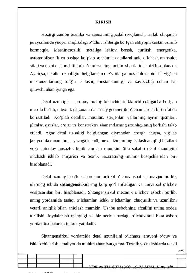"Shtangensirkul yordamida detal uzunligini o‘lchash” kurs ishi 2