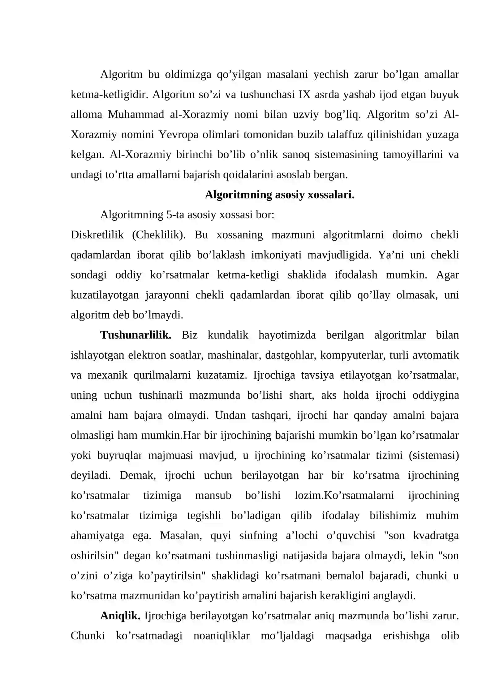 Algoritmlar, ularning xossalari. Berilish usullari va strukturalari 2