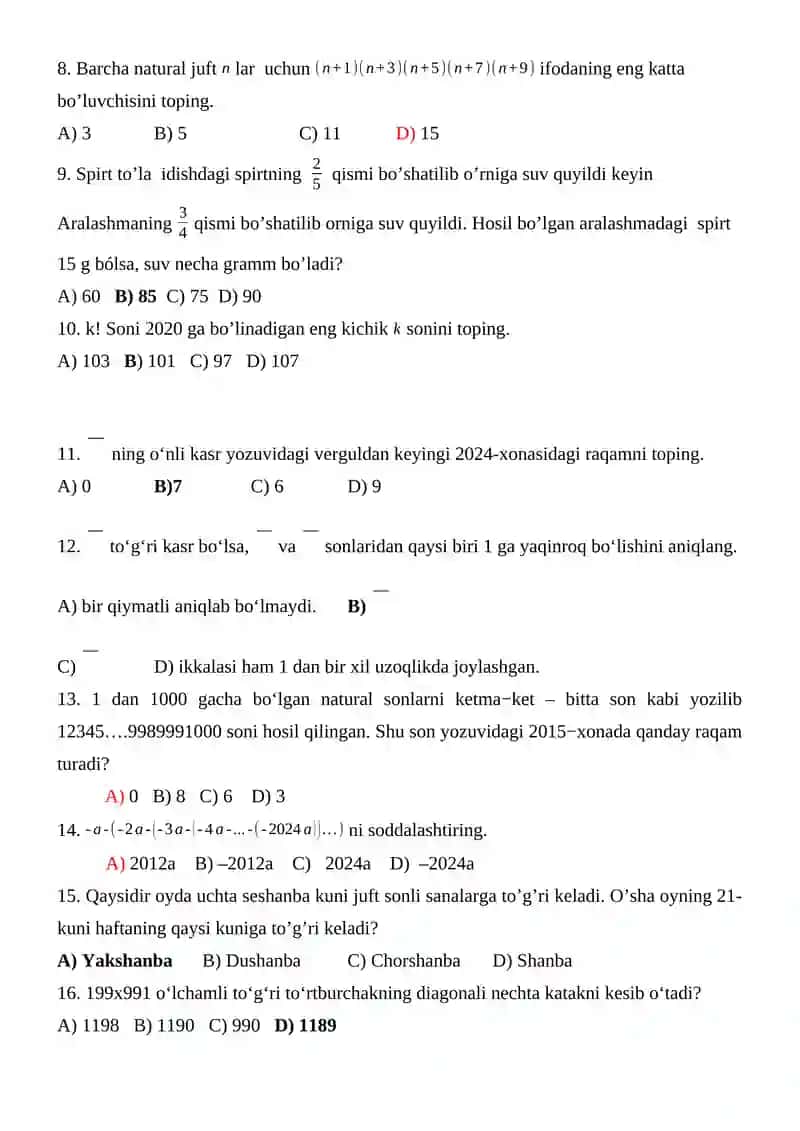 Agar x,y∈N sonlar uchun 10<x<15 va 15<y<34 boʻlsa, y−x ayirmaning eng kichik qiymati bilan y:x boʻlinmaning eng katta qiymatlari yigʻindisini toping? 2