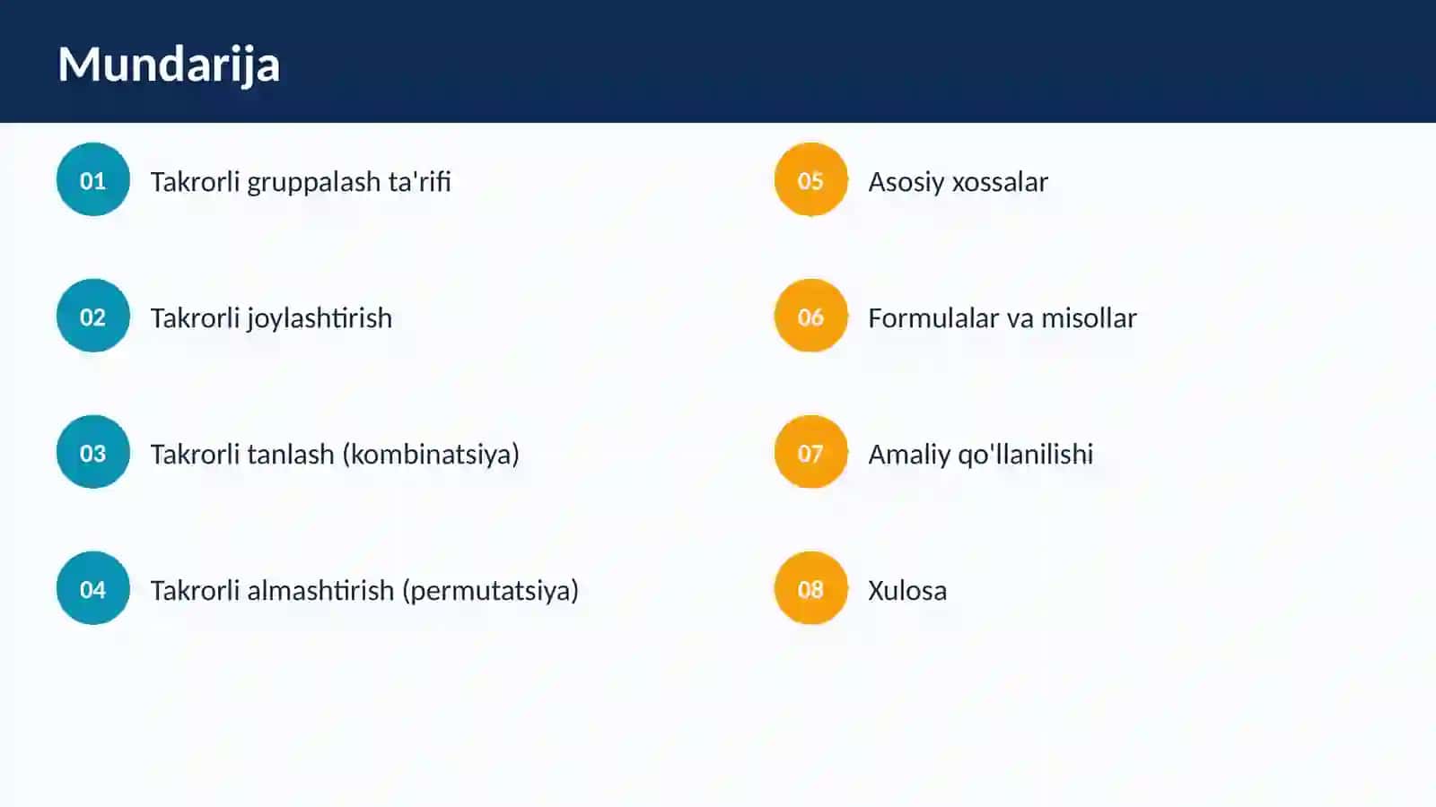 Takrorli Gruppalashlar haqida umumiy malumot. Takrorli gruppadoshlar xossalari 2